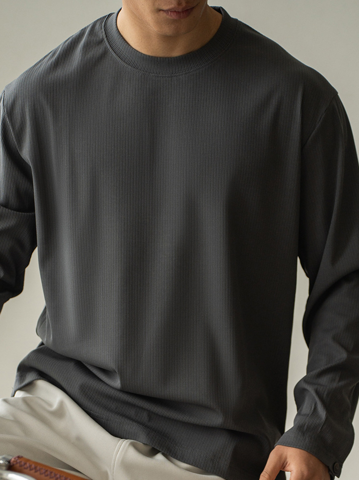 垂感肌理感條紋襯衫袖圓領長袖T恤男士春季新款休閒寬鬆打底