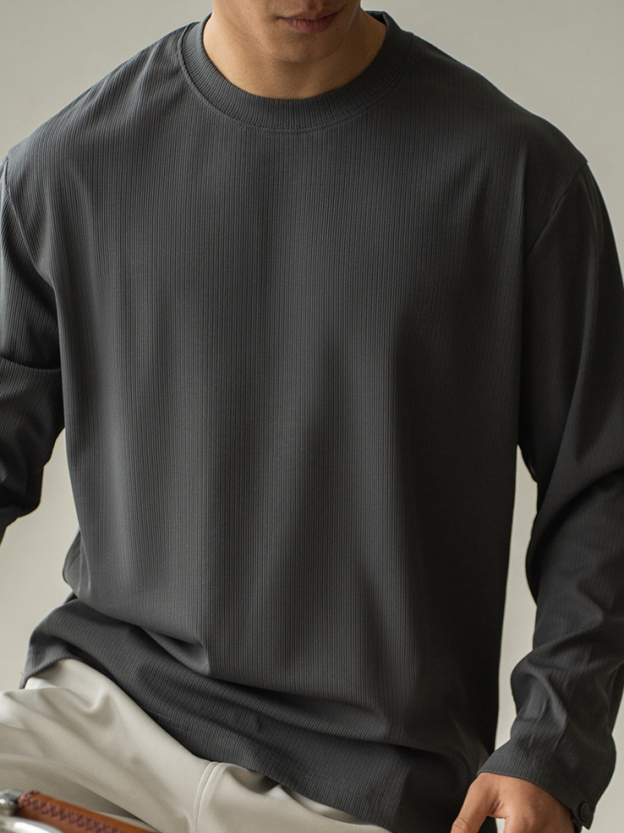 垂感肌理感條紋襯衫袖圓領長袖T恤男士春季新款休閒寬鬆打底
