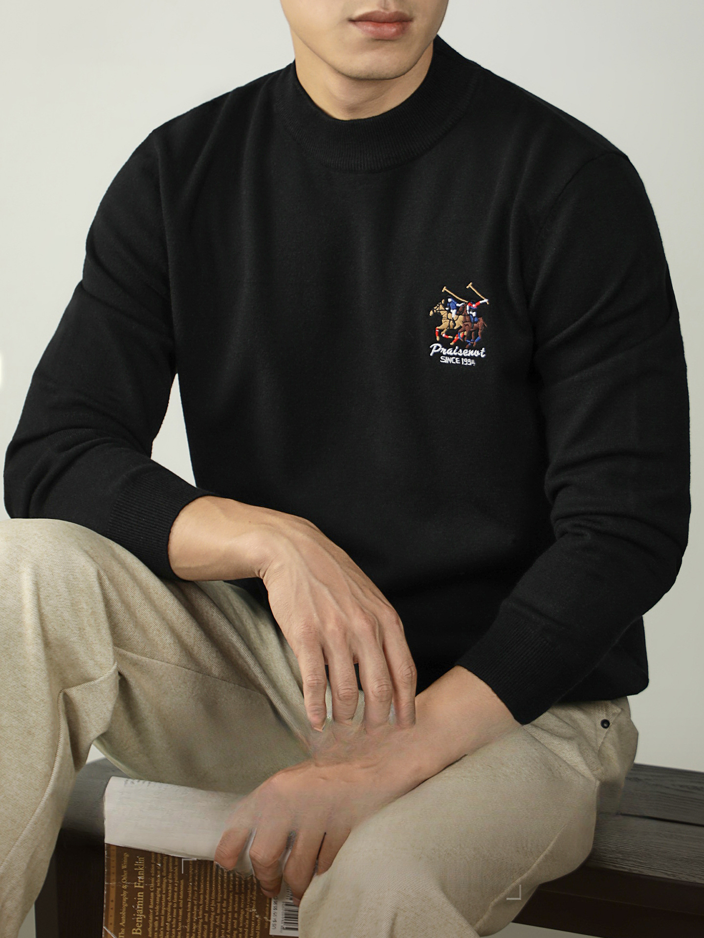 【羊毛莫代爾】馬球刺繡加厚毛衣男冬季保暖半高領舒適打底針織衫