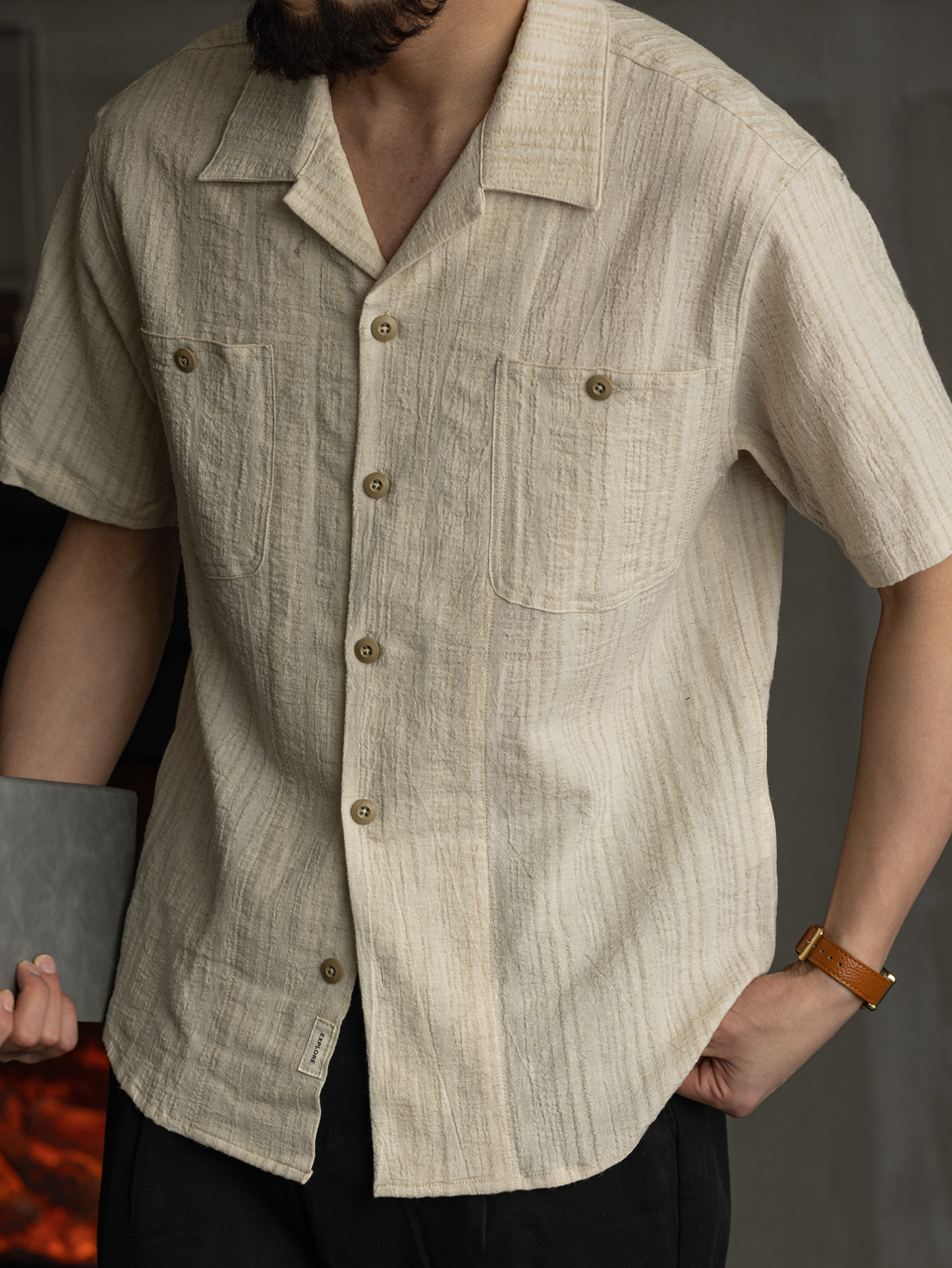 都市復古亞麻混紡短袖襯衫男休閒古巴領襯衣寬鬆翻領外套