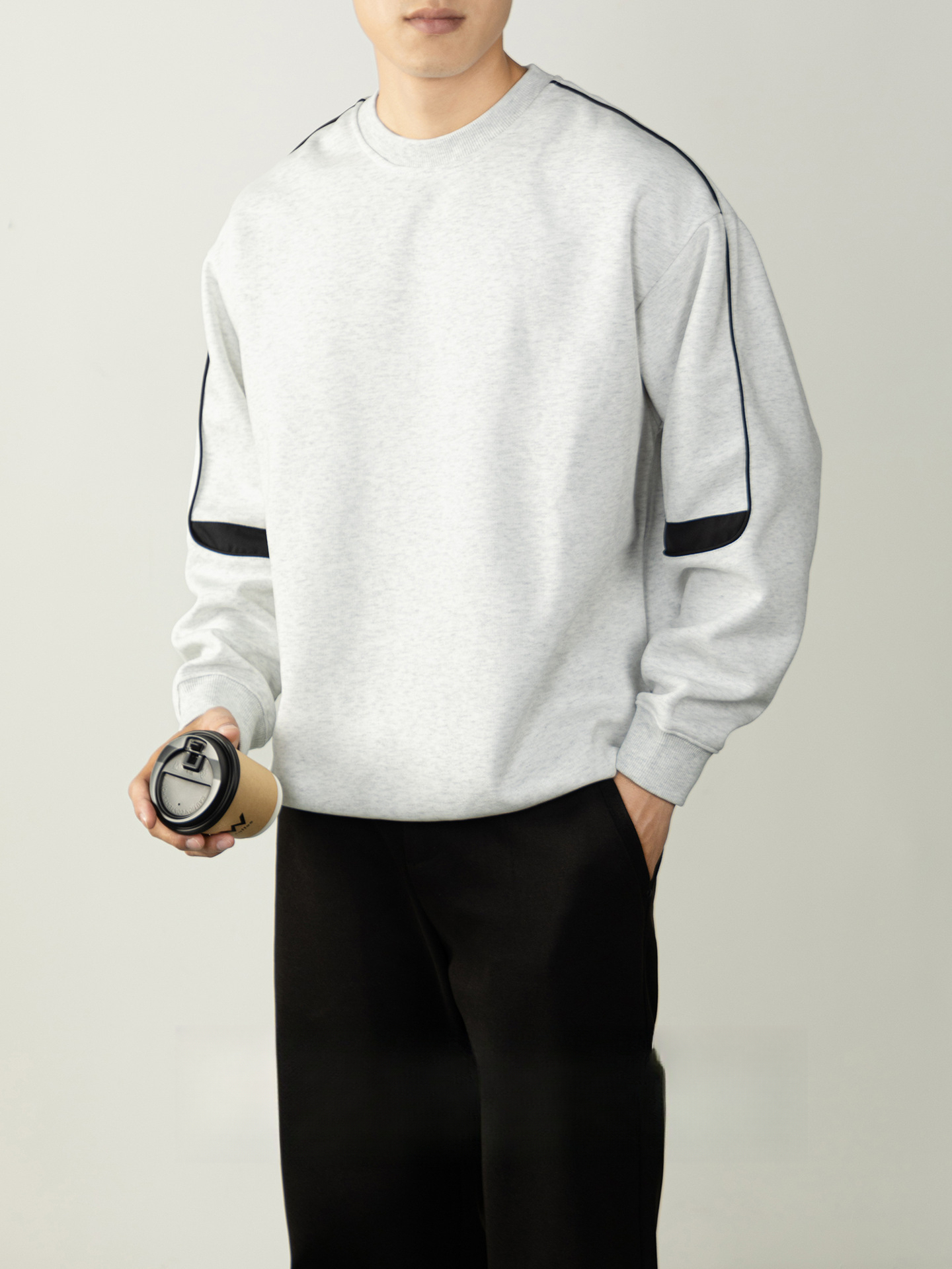 時尚老錢風 撞色拼接圓領衛衣男2026春秋高級紫色寬鬆落肩長袖T恤