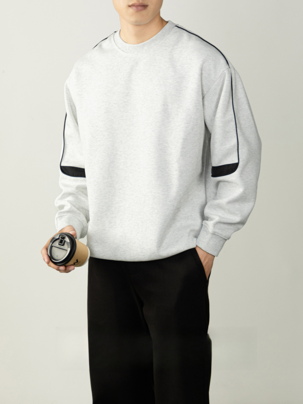 時尚老錢風 撞色拼接圓領衛衣男2026春秋高級紫色寬鬆落肩長袖T恤