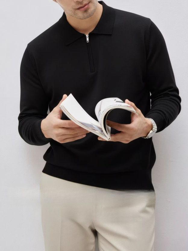 高端商務通勤 羊毛莫代爾 設計感拉鍊翻領毛衣男士冬季保暖針織衫