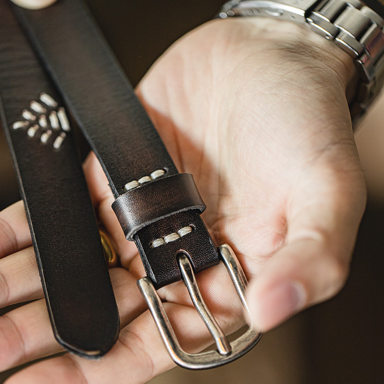 復古黑色頭層牛皮腰帶阿美咔嘰針扣腰鏈配飾真皮皮帶男士-Retro's Wear