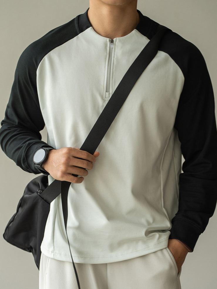 輕量化插肩袖撞色半拉鍊長袖T恤男新款春季速乾透氣運動騎行