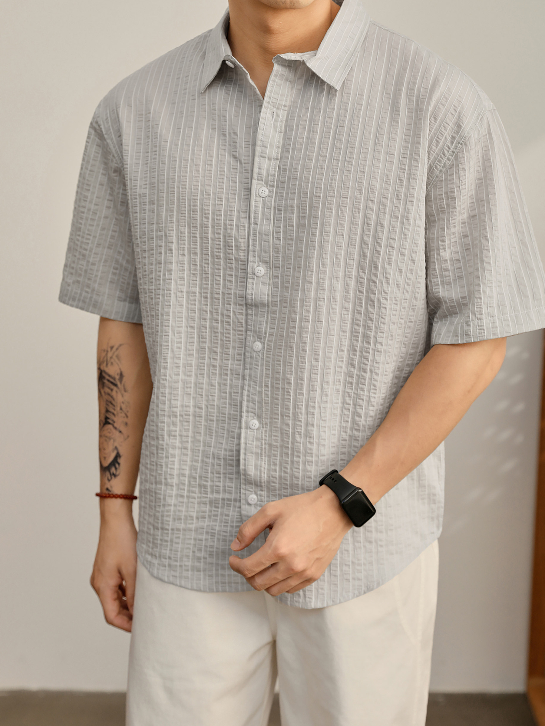 夏季男士宽松落肩条纹衬衫天丝莱赛尔微皱泡泡肌理薄款衬衣