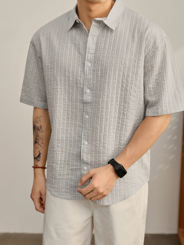 夏季男士宽松落肩条纹衬衫天丝莱赛尔微皱泡泡肌理薄款衬衣