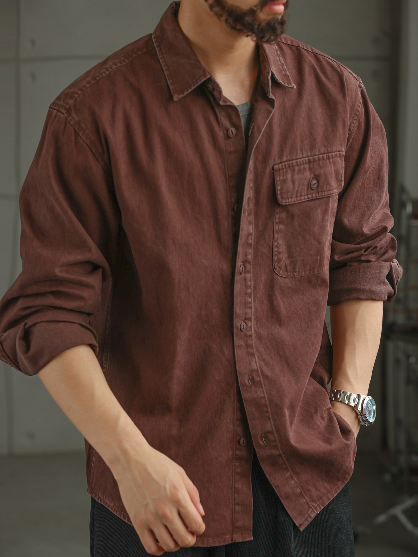 日系復古酵素水洗仿牛仔純棉長袖襯衫男工裝通勤休閒襯衣