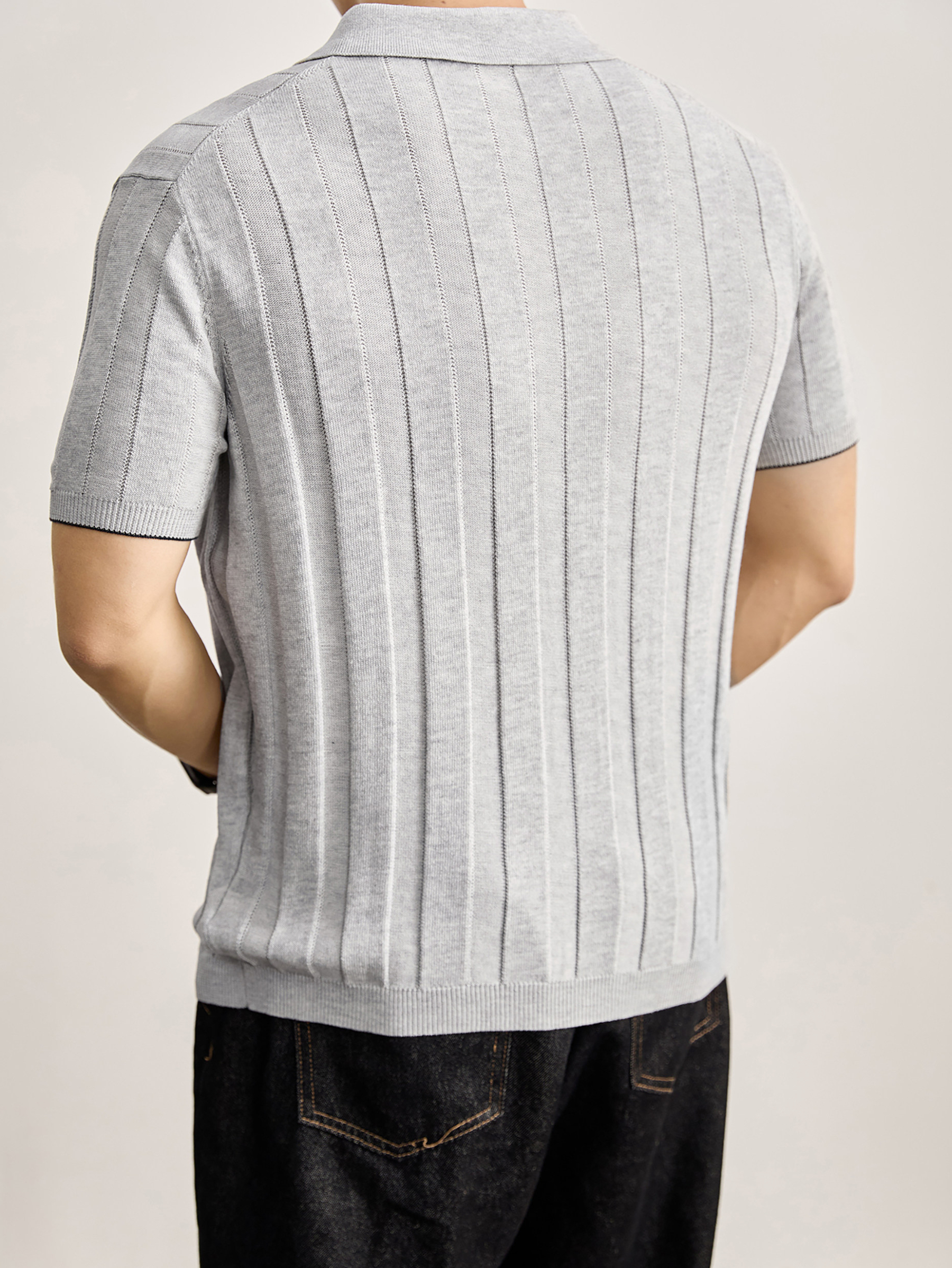 豎坑條鏤空挑孔POLO領針織開衫夏季天絲萊賽爾亞麻短袖襯衣