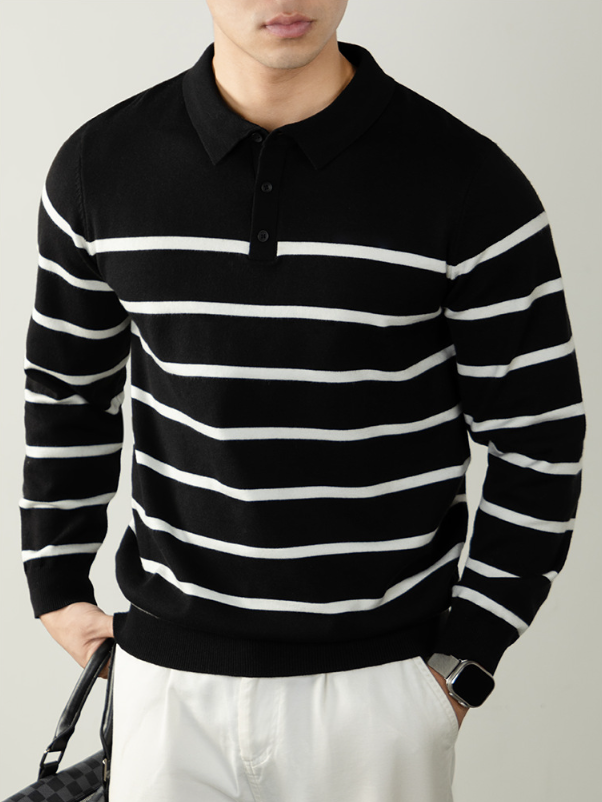 【羊毛莫代爾】舒適親膚條紋毛衣男時尚質感紐扣翻領針織衫高級感