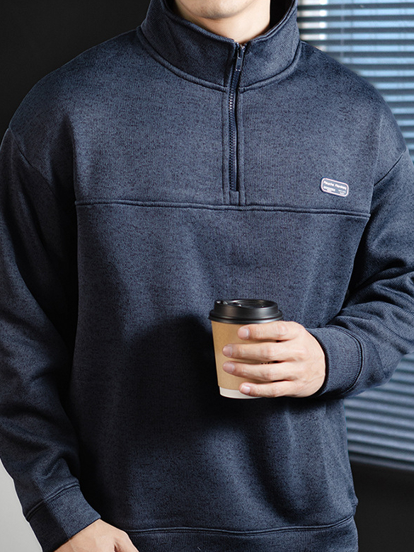 360G重磅加厚毛織絨半拉鍊立領衛衣男老錢風冬季保暖拼接設計上衣