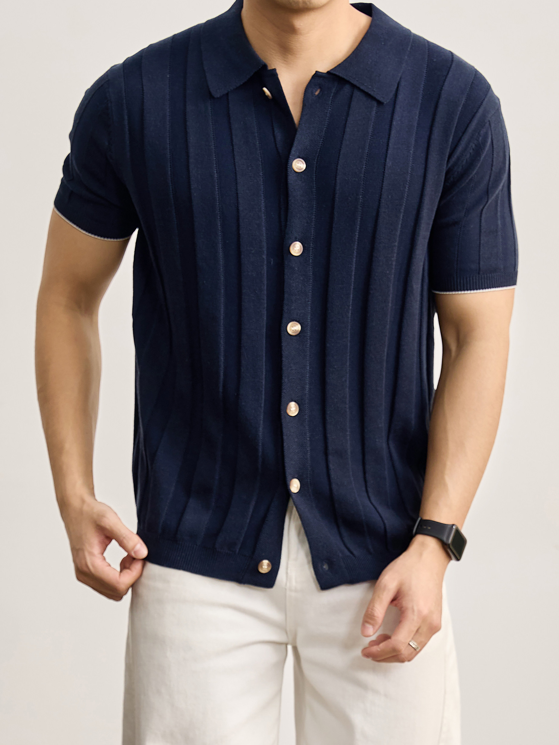 豎坑條鏤空挑孔POLO領針織開衫夏季天絲萊賽爾亞麻短袖襯衣