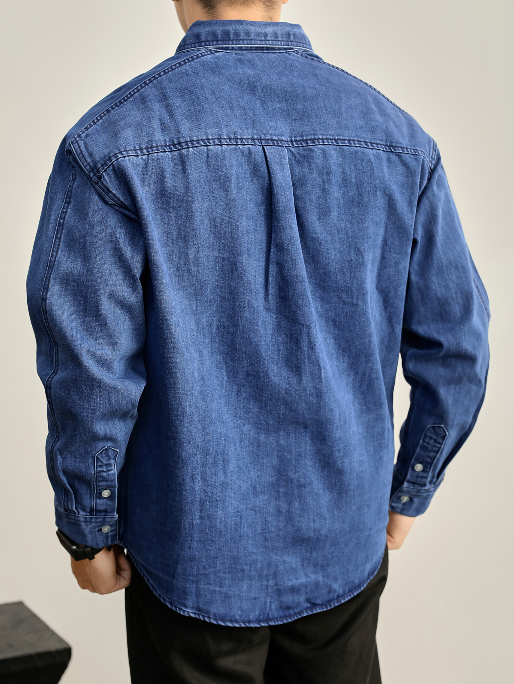 插肩袖洗水棉重磅280g牛仔襯衫男輯明線貼布口袋長袖小外套