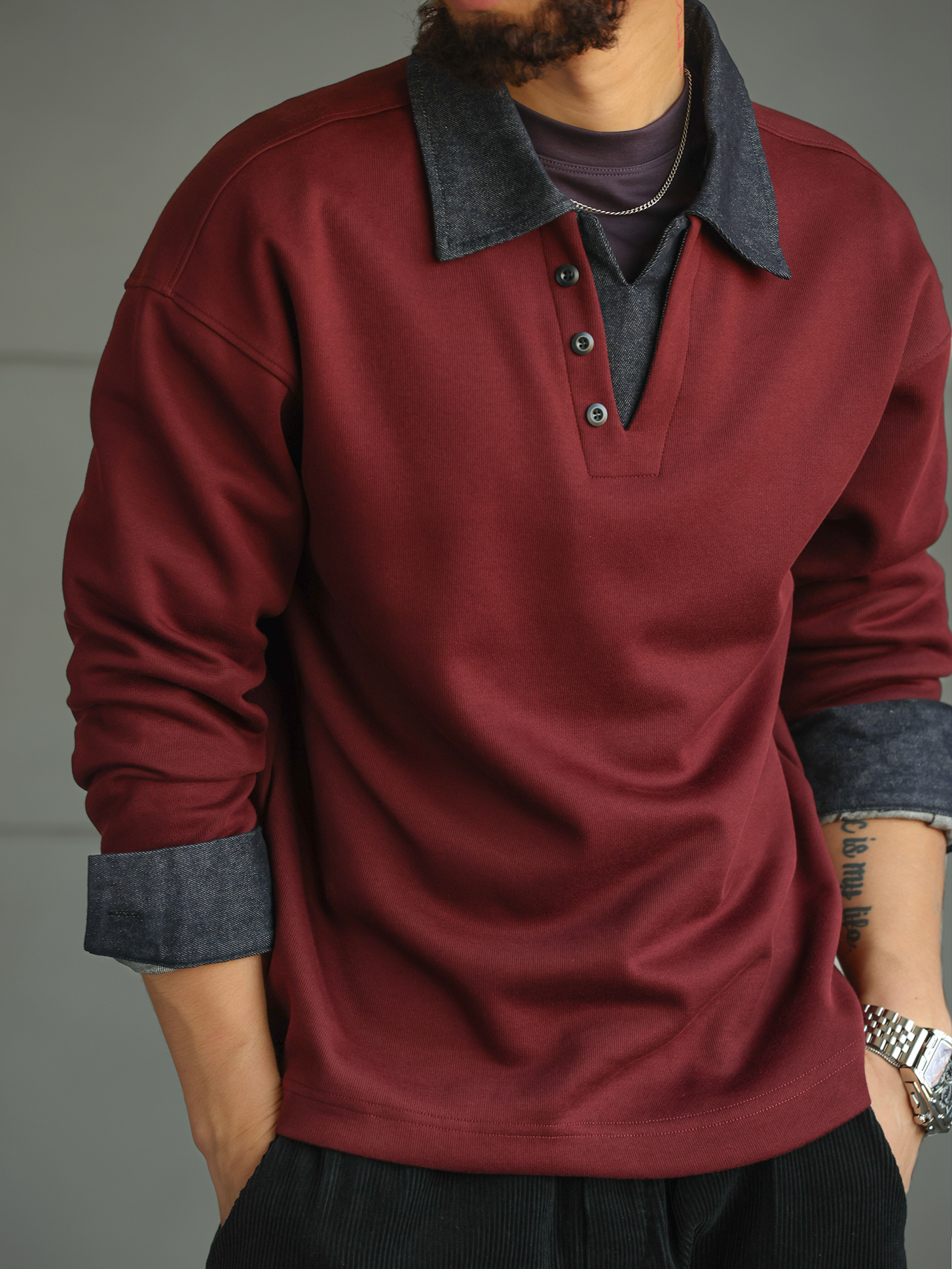 【丹寧樣本】撞色牛仔拼接假兩件長袖POLO衫男士翻領T恤