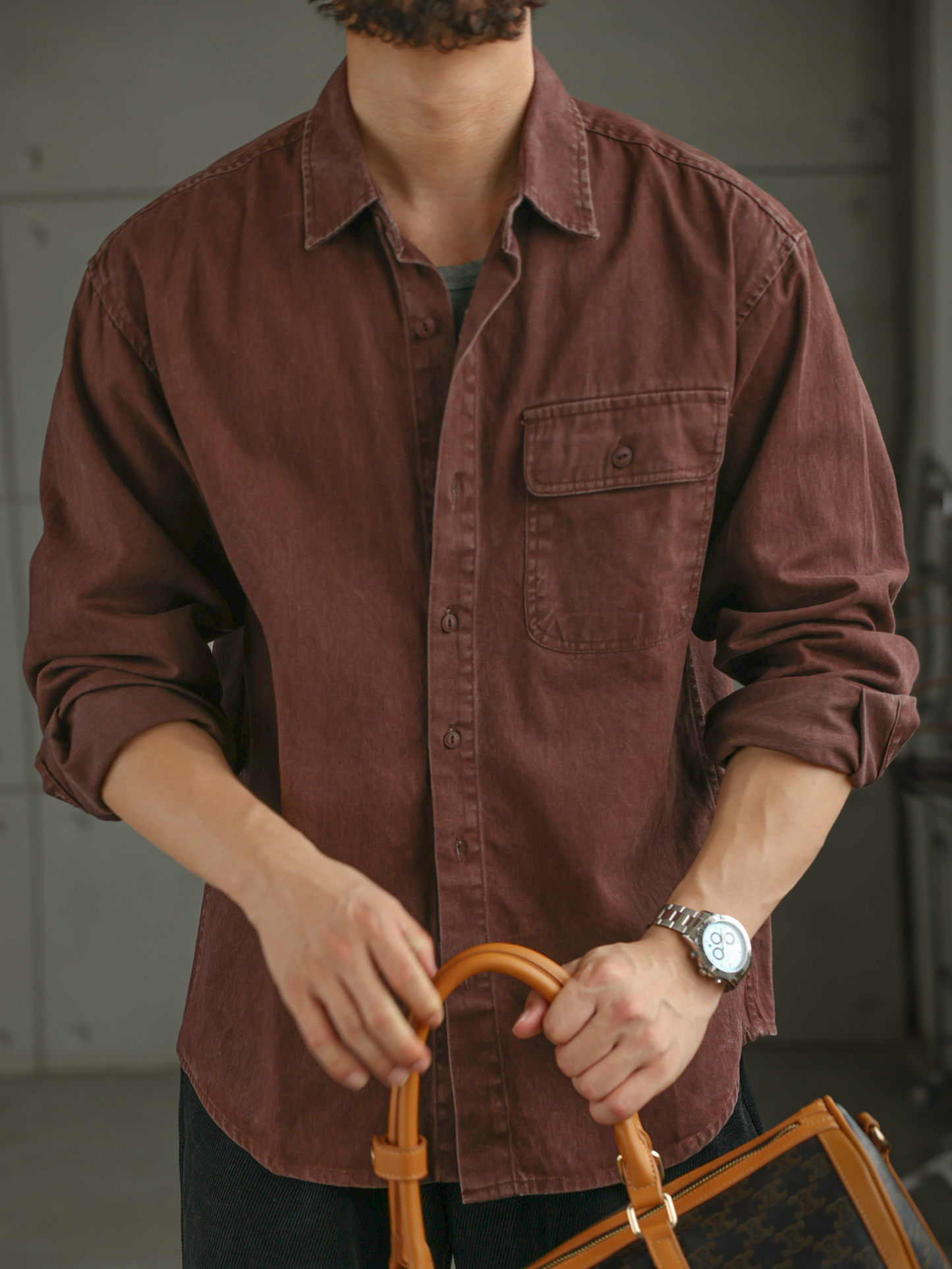 日系復古酵素水洗仿牛仔純棉長袖襯衫男工裝通勤休閒襯衣