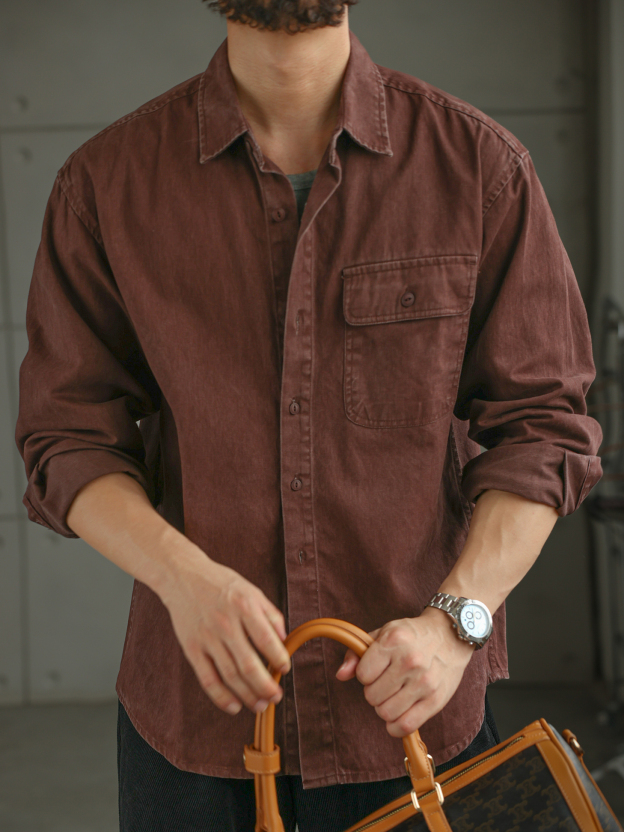 日系復古酵素水洗仿牛仔純棉長袖襯衫男工裝通勤休閒襯衣