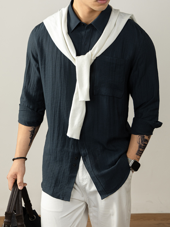 【慵懶高級感】亞麻天然褶皺襯衫男親膚透氣抑菌秋冬開衫隨性易搭