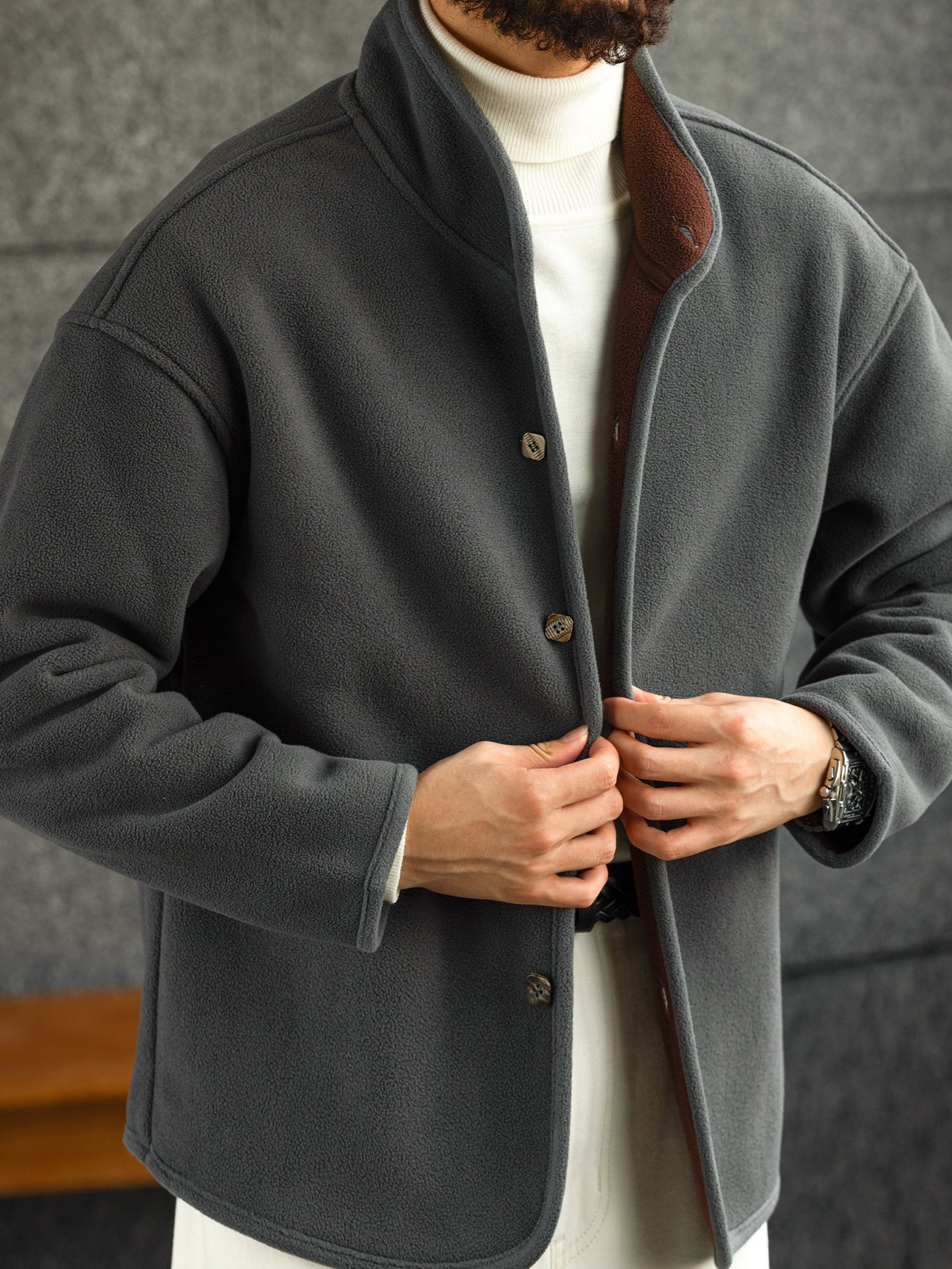 【雲暮暖絨】防風廓形立領搖粒絨夾克男秋冬內搭保暖外套