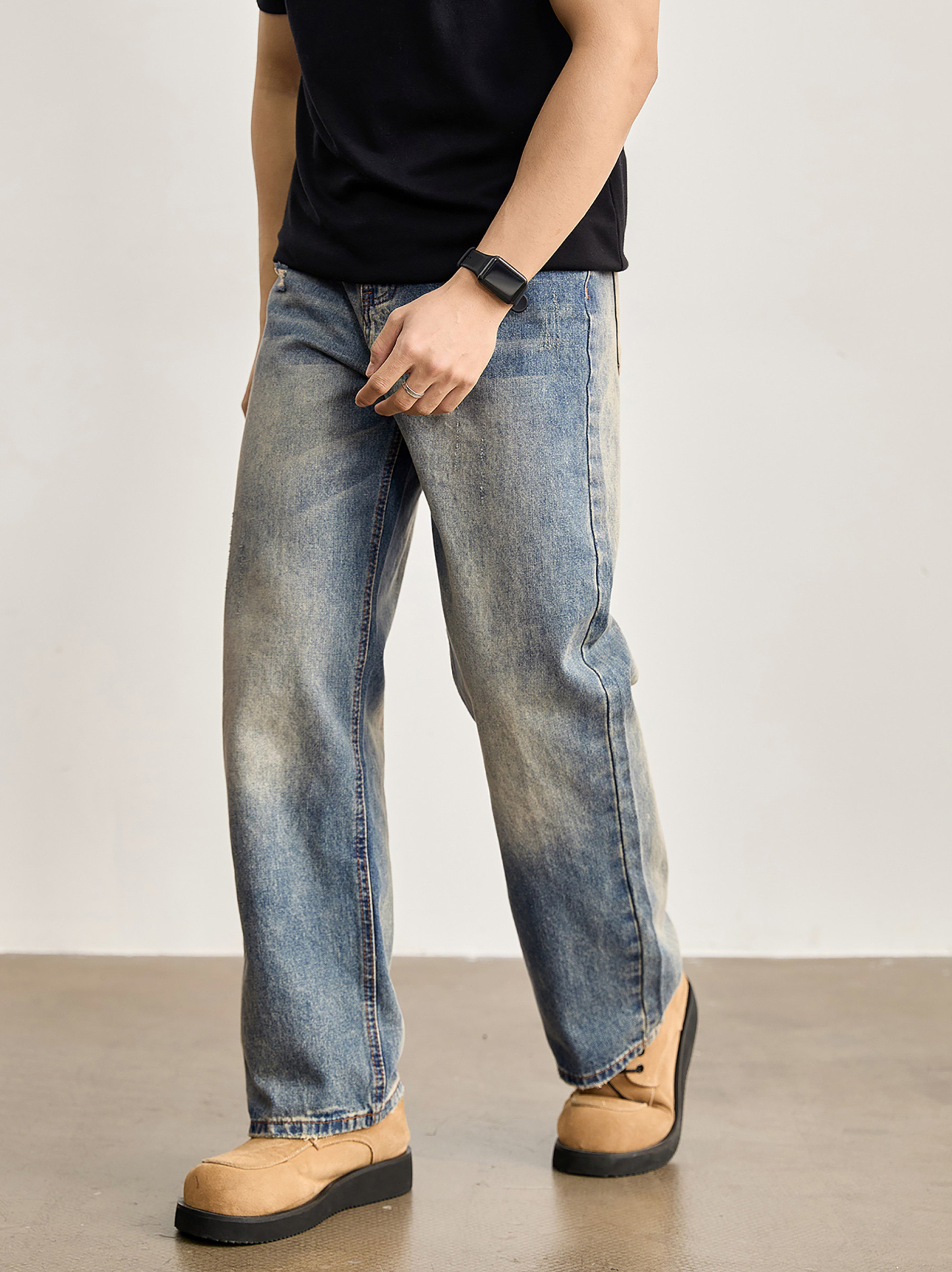 做舊水洗磨白貓須刮破牛仔褲男直筒微錐版型cleanfit長褲子