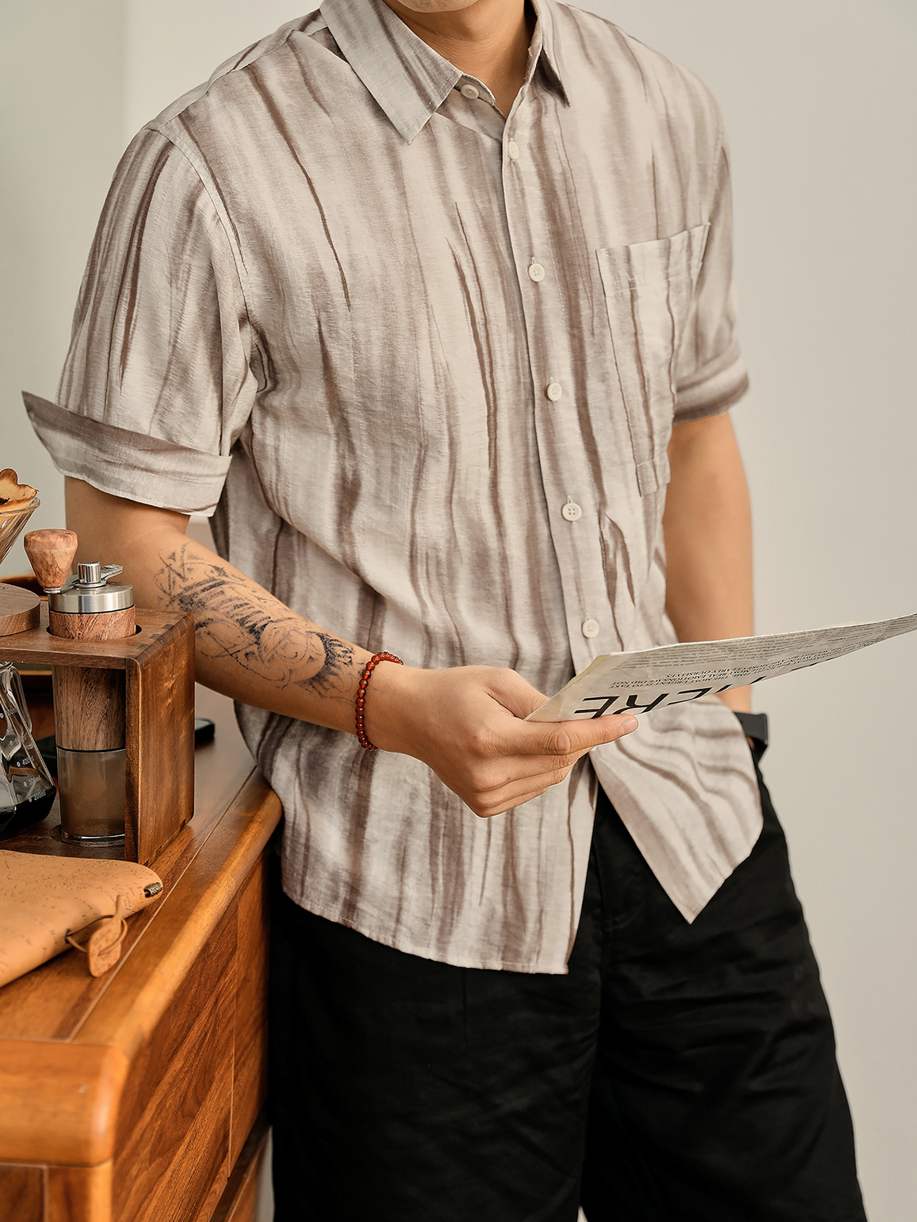 藝術感暈染漸變紋理短袖襯衫男夏親膚萊賽爾垂墜感半袖襯衣