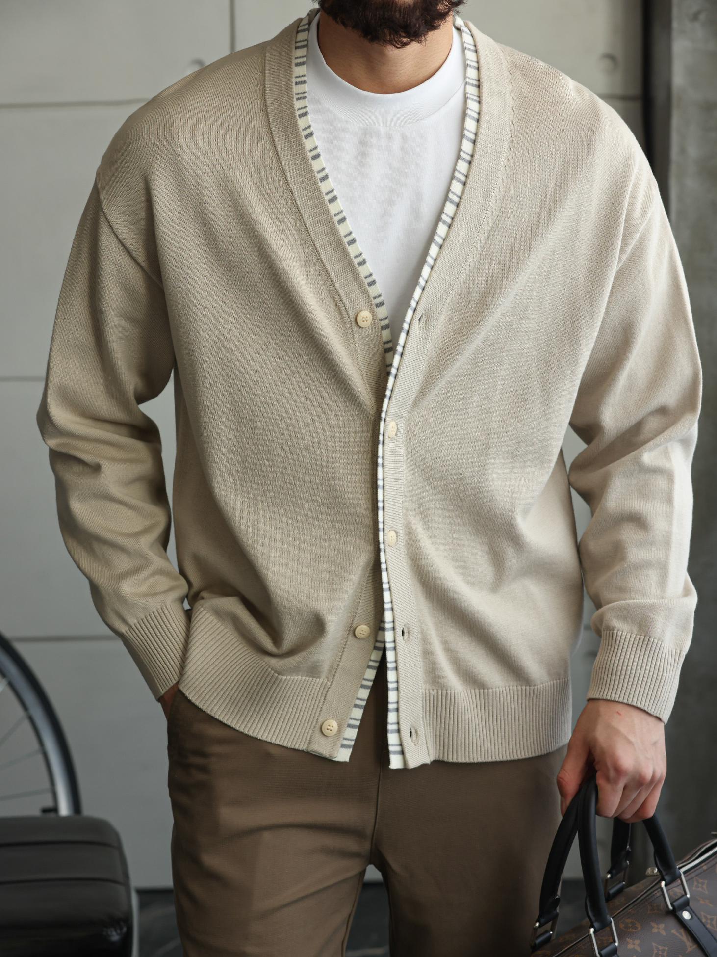 高密28針織帶拼接針織開衫男商務休閒修身長袖V領薄外套