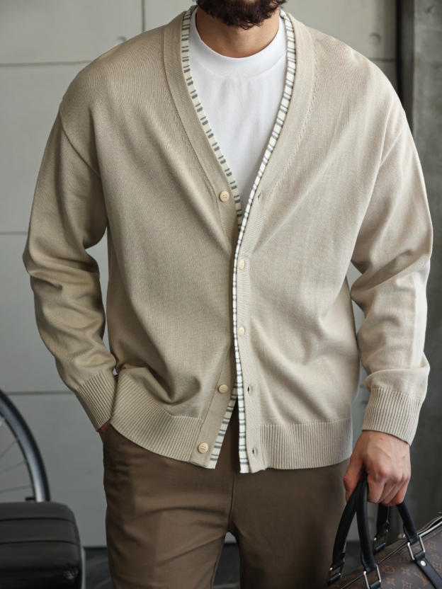 高密28針織帶拼接針織開衫男商務休閒修身長袖V領薄外套