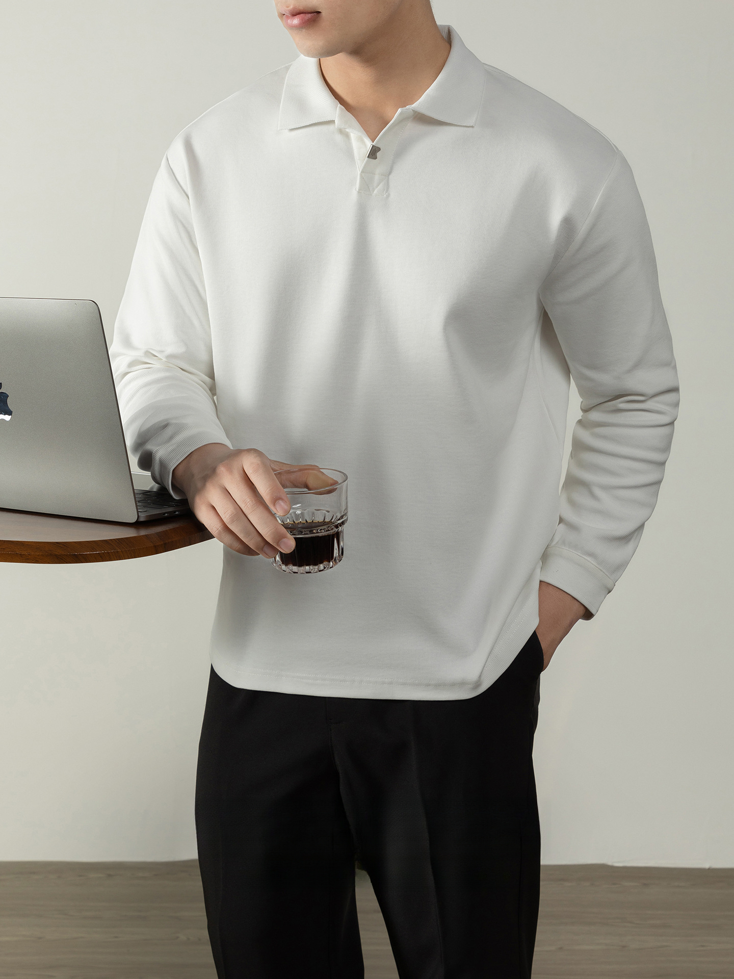 奢享系列| 高級維希格紋棉海鷗領POLO衫男長袖厚款秋冬百搭上衣