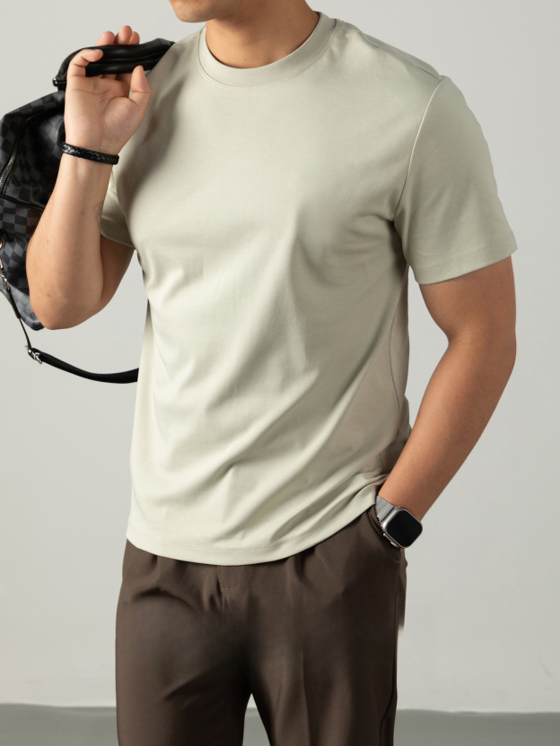 80S冷感液氨絲光棉短袖T恤男2025夏季輕奢淨版紫色涼感休閒上衣服