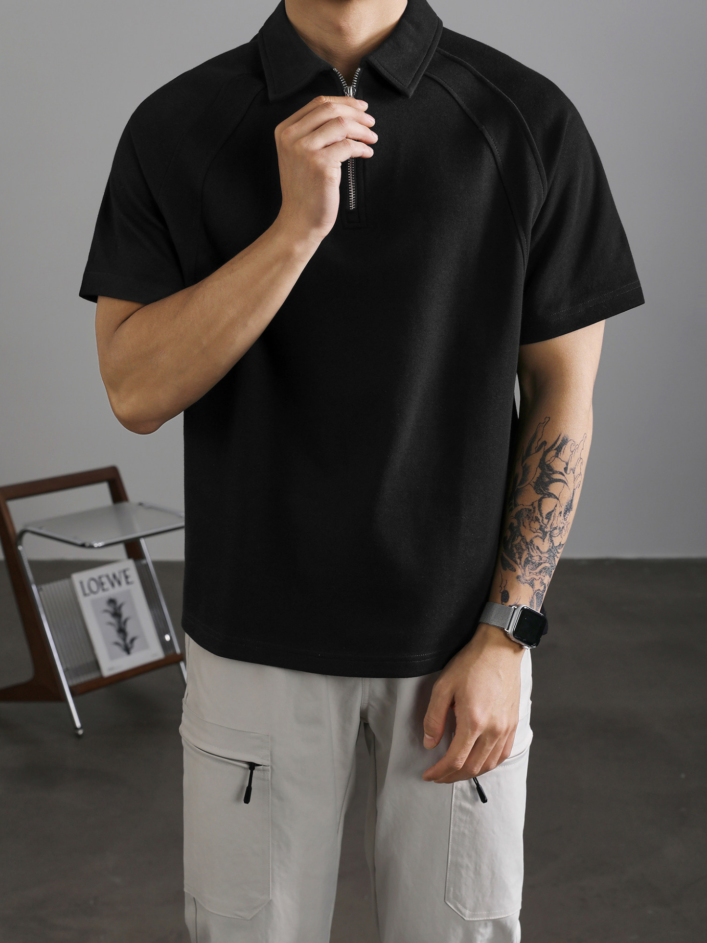 半拉鍊短袖Polo衫男款夏季寬鬆重磅插肩袖T恤輕熟風翻領上衣