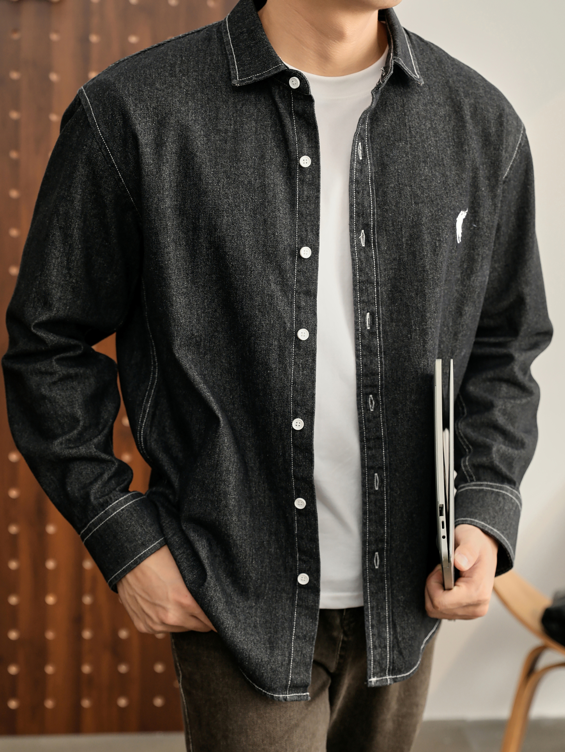 美式潮牌復古水洗做舊騎士刺繡100%純棉牛仔休閒長袖襯衫男