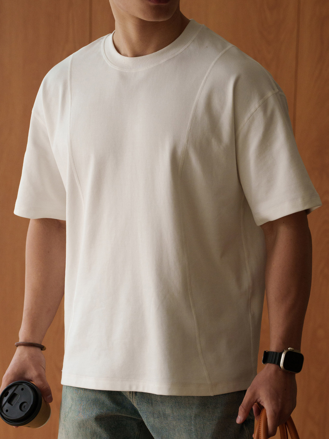 雲感棉滌混紡透氣落肩袖白色T恤男士2026年春季休閒通勤短袖上衣