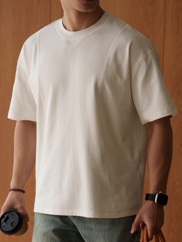 雲感棉滌混紡透氣落肩袖白色T恤男士2026年春季休閒通勤短袖上衣