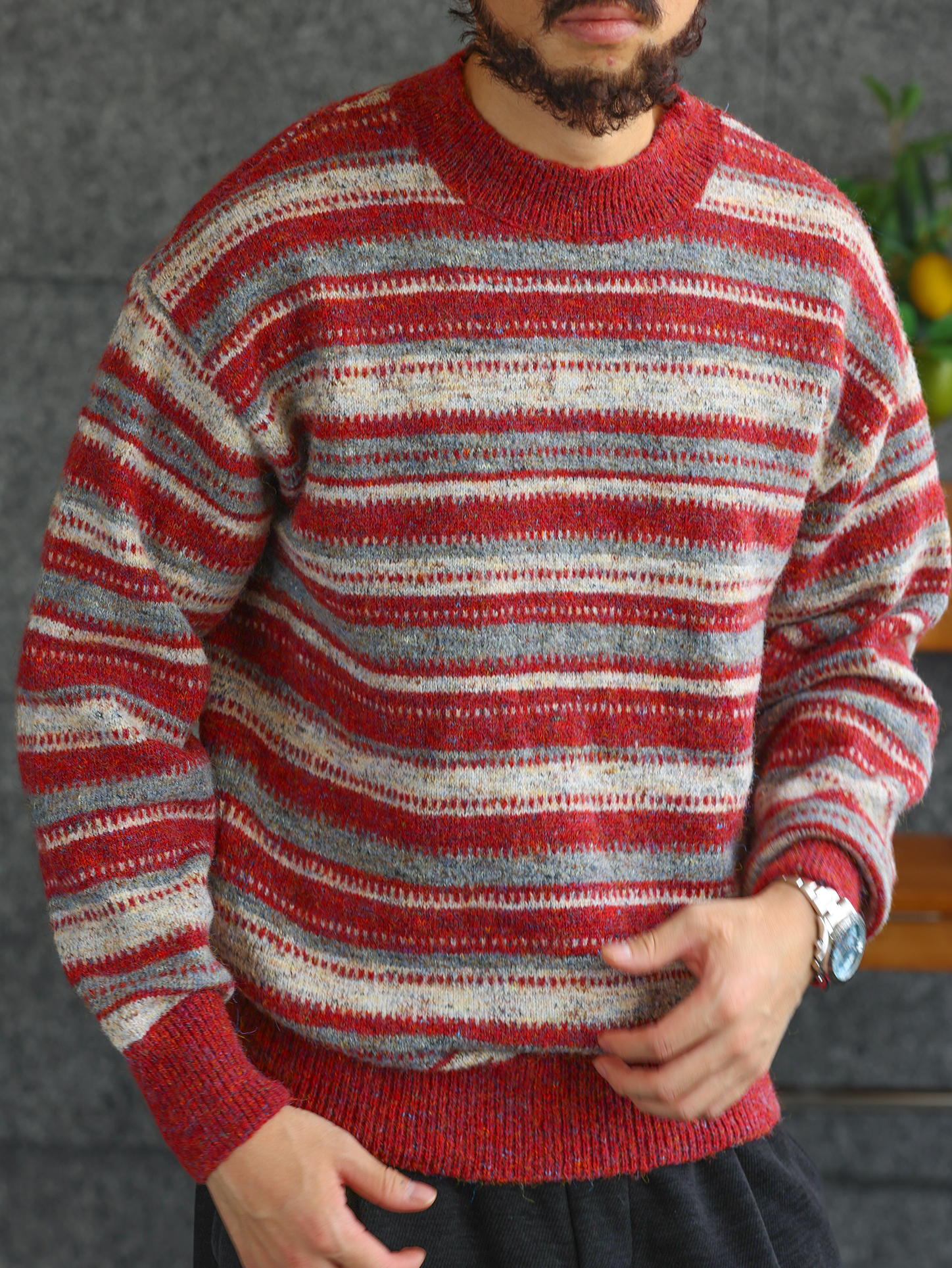 【冬牧場】質感條紋圓領毛衣男士秋冬慵懶休閒打底針織衫