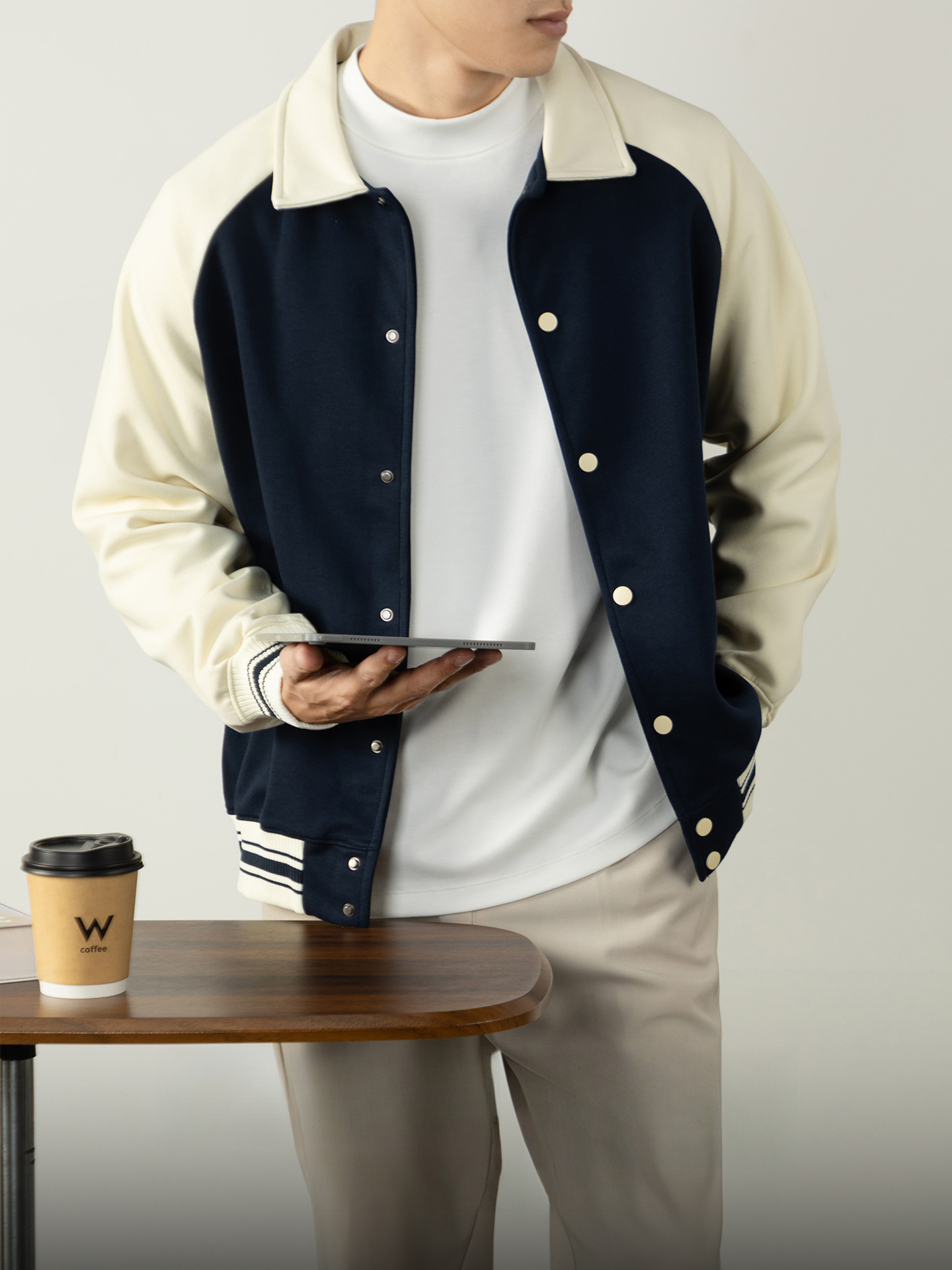 【復古撞色格調】380G重磅精梳棉棒球服翻領男士冬日暖感穿搭單品