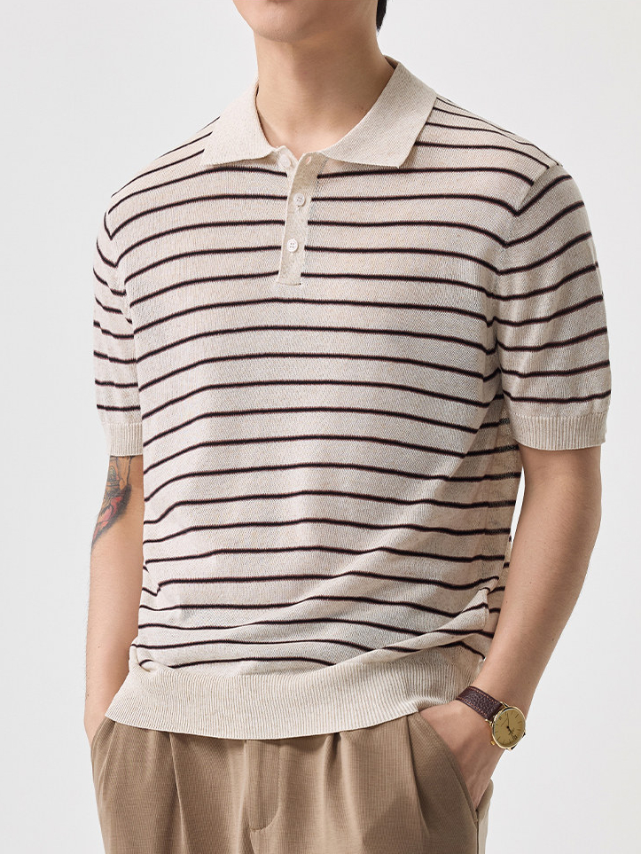 老钱简约风短袖T恤男士针织衫半袖t夏季新款翻领宽松百搭条纹日系