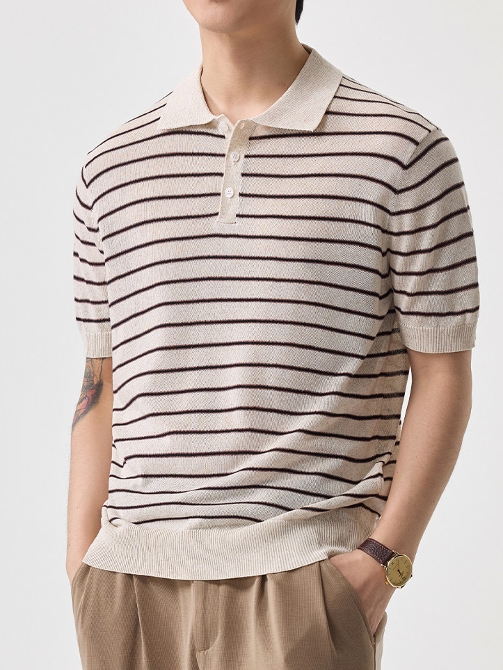 老钱简约风短袖T恤男士针织衫半袖t夏季新款翻领宽松百搭条纹日系