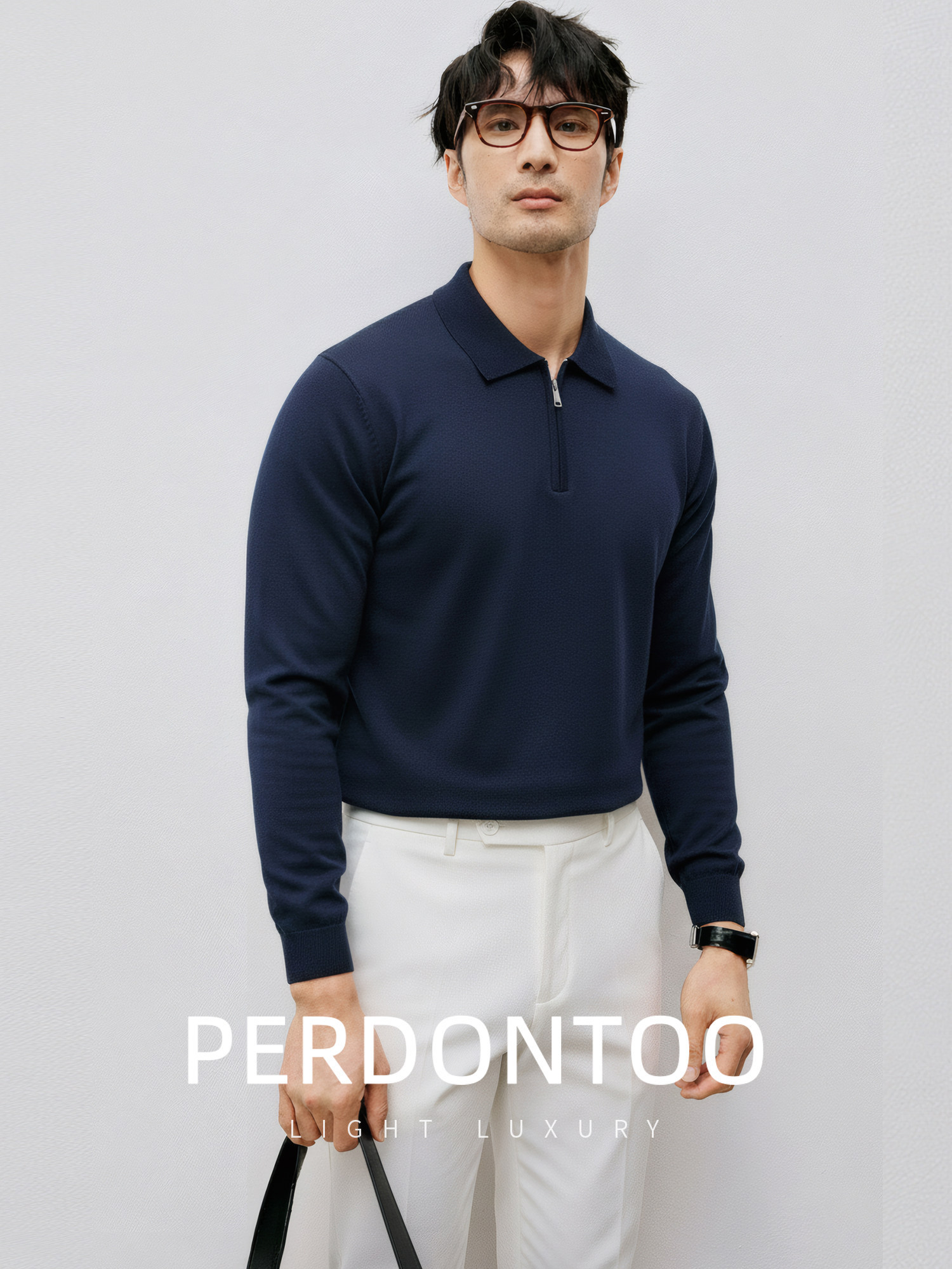 高端商務通勤 羊毛莫代爾 設計感拉鍊翻領毛衣男士冬季保暖針織衫