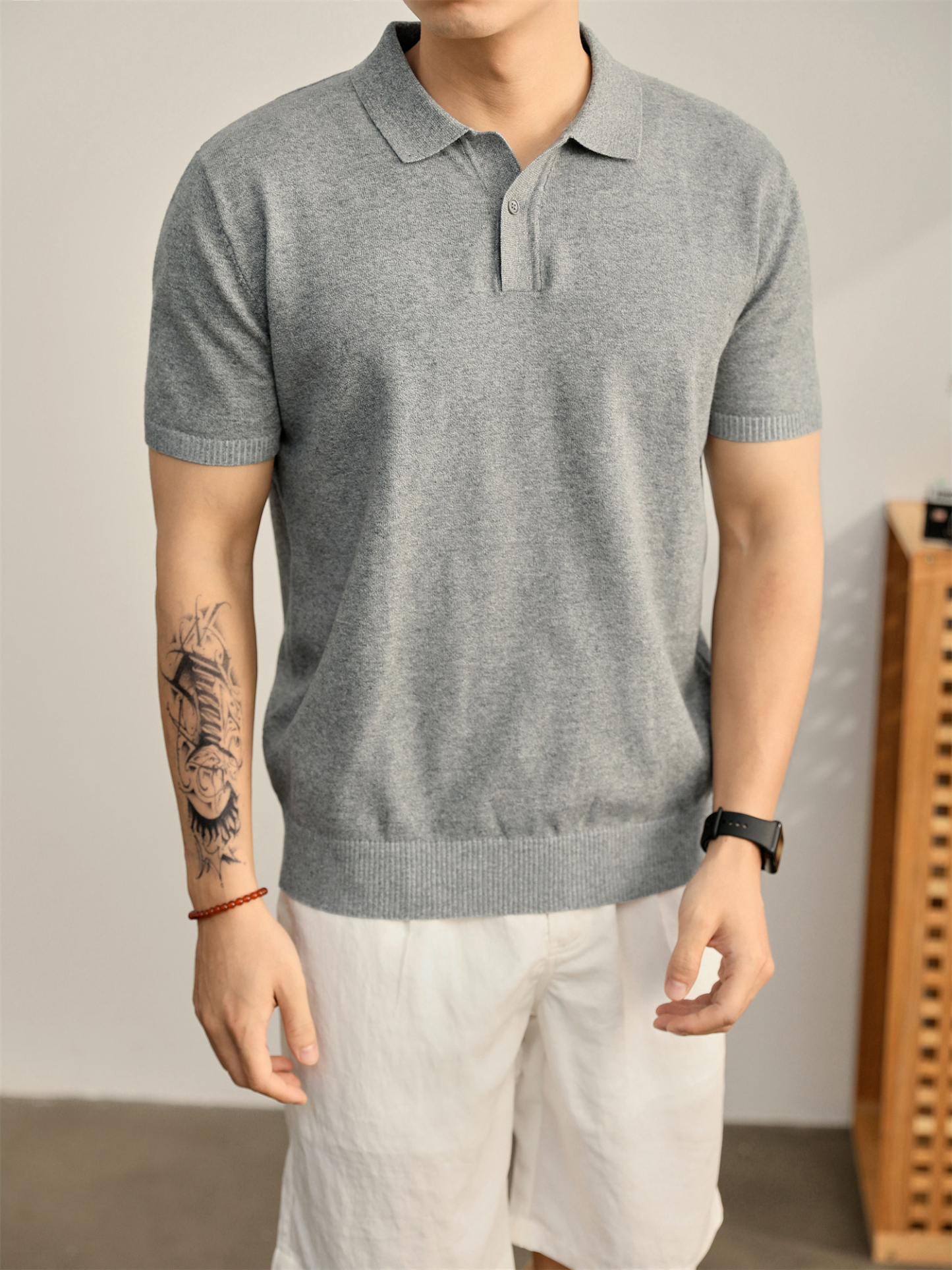 男夏季花天藍單紐扣設計翻領POLO衫輕奢休閒水洗棉針織短袖