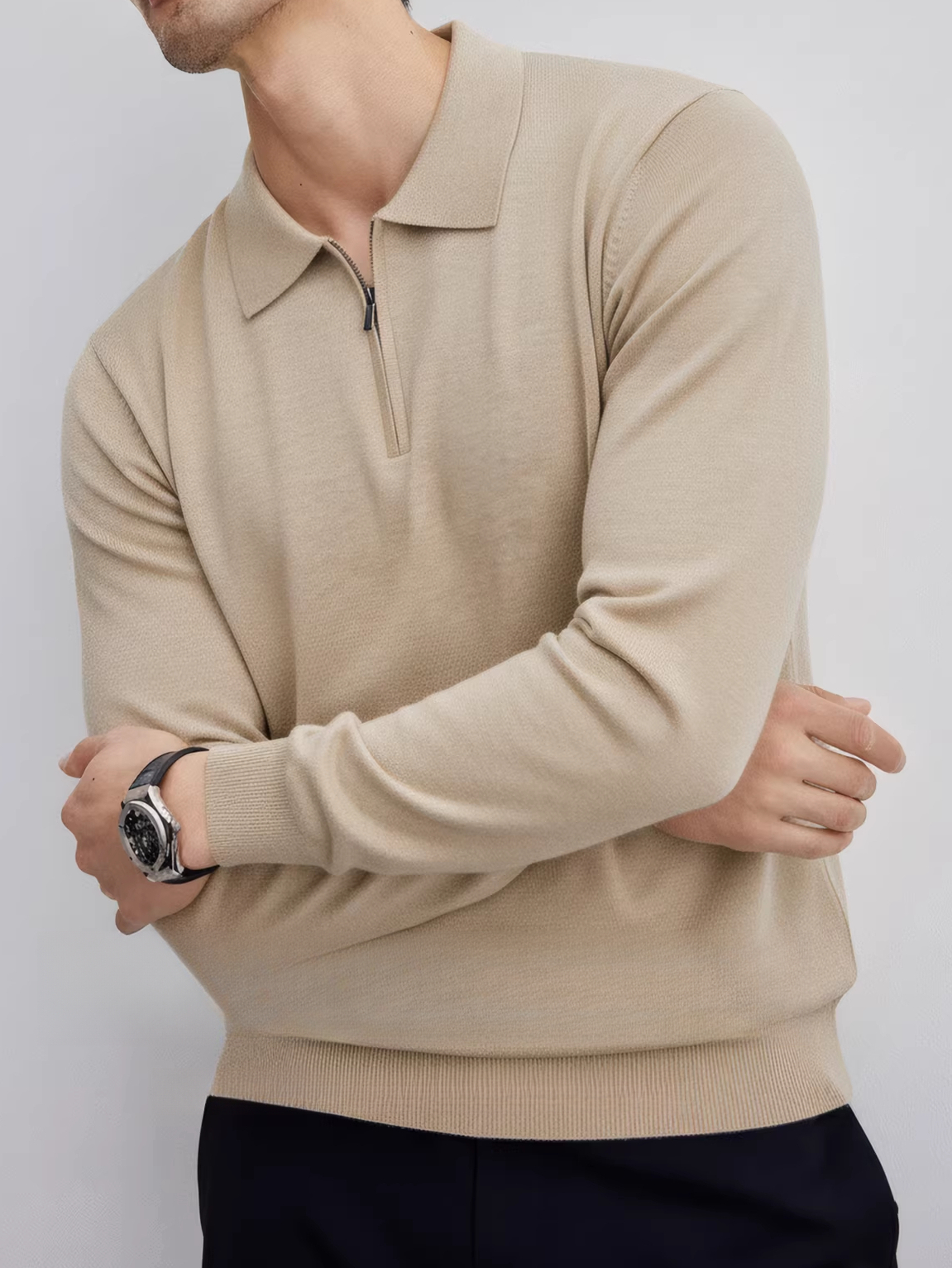 高端商務通勤 羊毛莫代爾 設計感拉鍊翻領毛衣男士冬季保暖針織衫