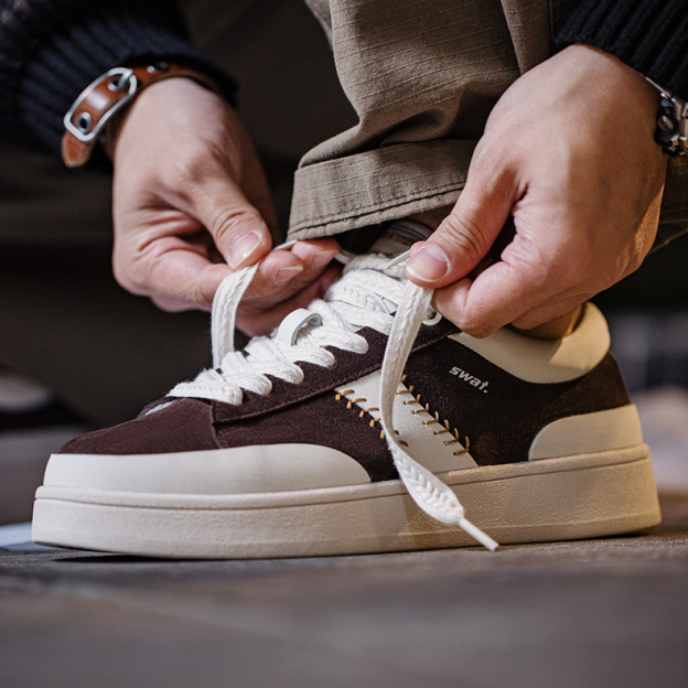 春季新款棒球設計男鞋平底休閒鞋厚底增高潮流復古百搭板鞋