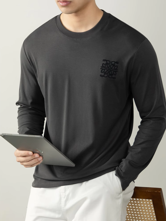 【80S高支萊賽爾】雙面液氨絲光長袖T恤男刺繡輕奢高端打底衫商務