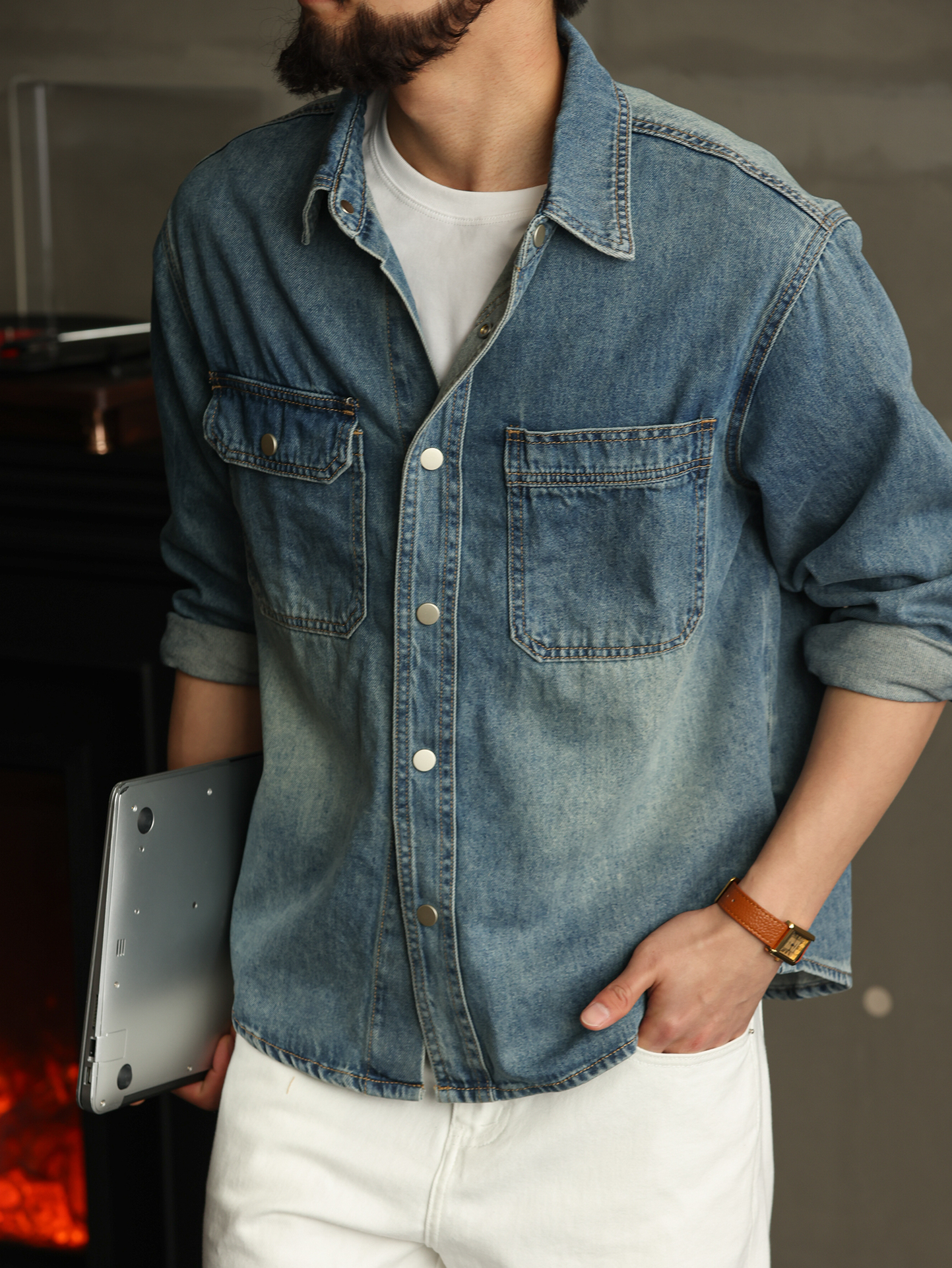 【智性通勤】天丝莱赛尔长袖牛仔衬衫男口袋衬衣秋季外套