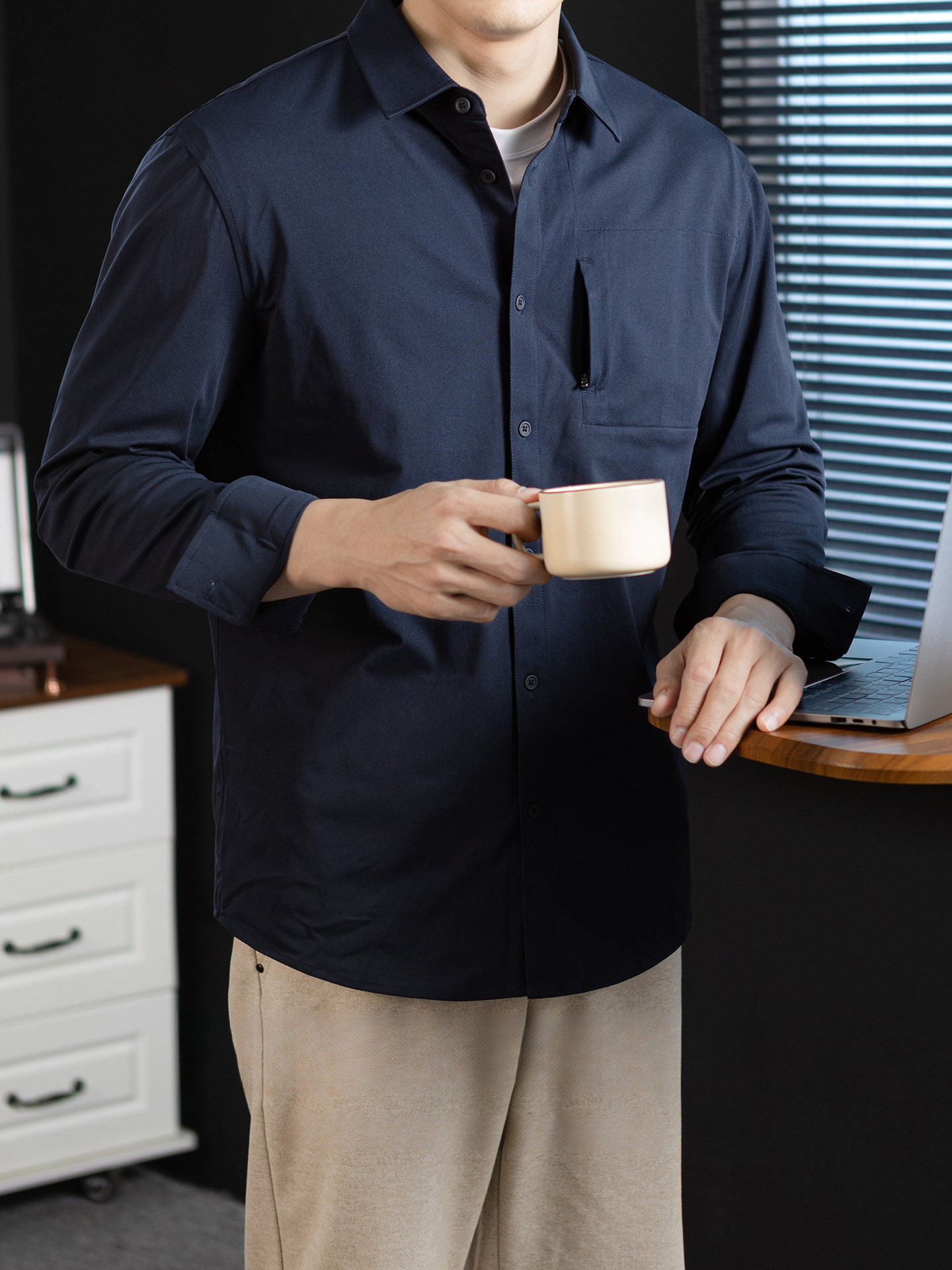 【都市通勤】米通格肌理高彈抗皺長袖襯衫男輕商務襯衣速幹春秋季