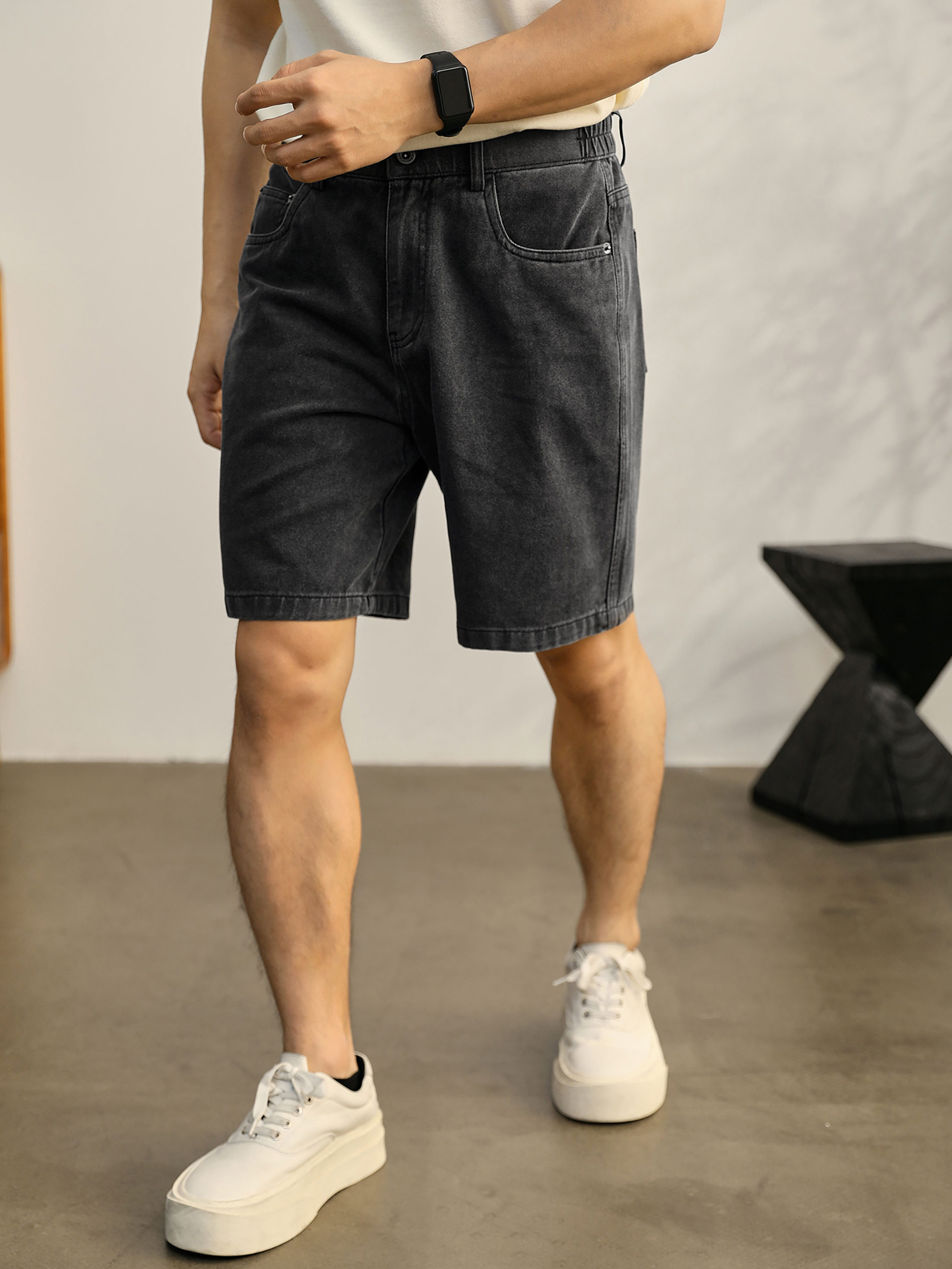 復古水洗純色直筒牛仔短褲男夏季舒適純棉時尚潮流工裝中褲