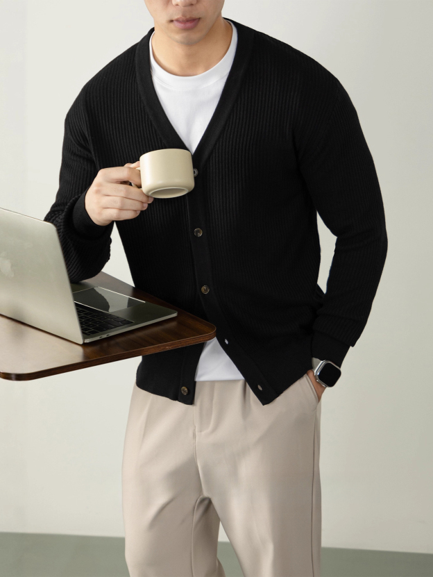 【都市輕熟風】12針織法豎紋針織衫男士秋冬保暖親膚厚款毛衣開衫