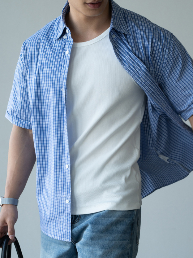 坑條羅紋肌理透氣抗皺T恤男士2025夏季新款通勤休閒高彈健身上衣