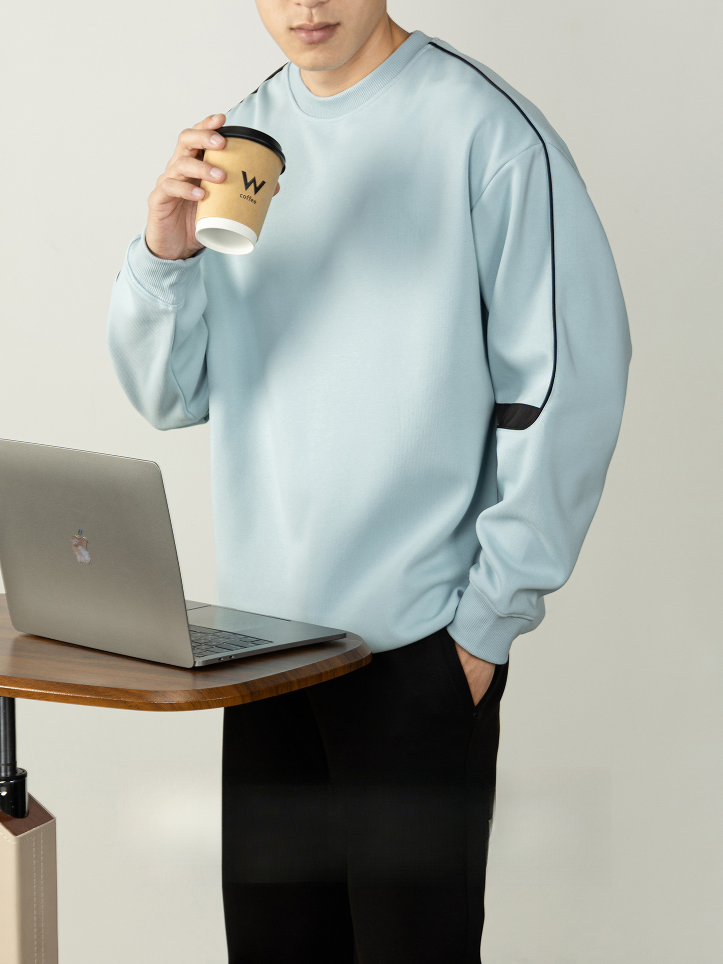 時尚老錢風 撞色拼接圓領衛衣男2026春秋高級紫色寬鬆落肩長袖T恤