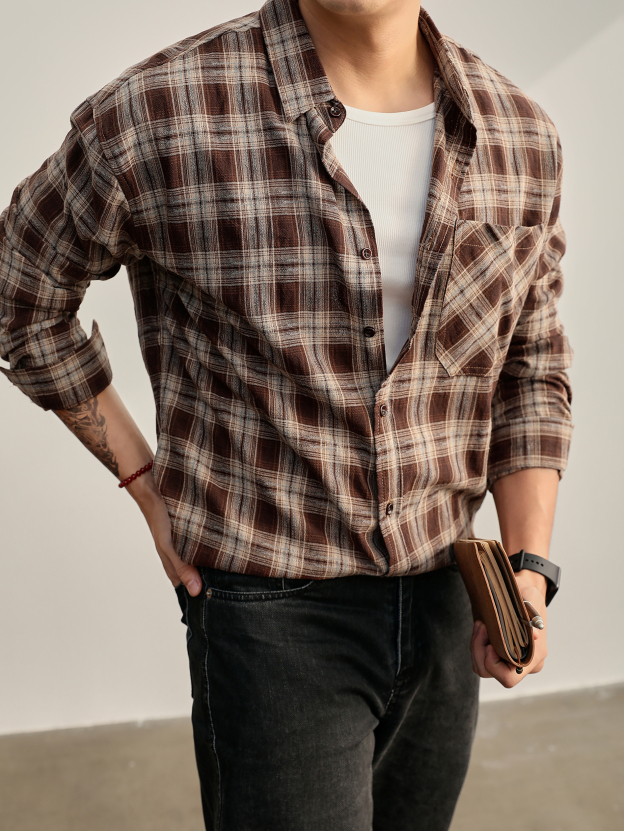 秋季美式復古長袖撞色格紋襯衫男士古着慵懶風100%純棉襯衣