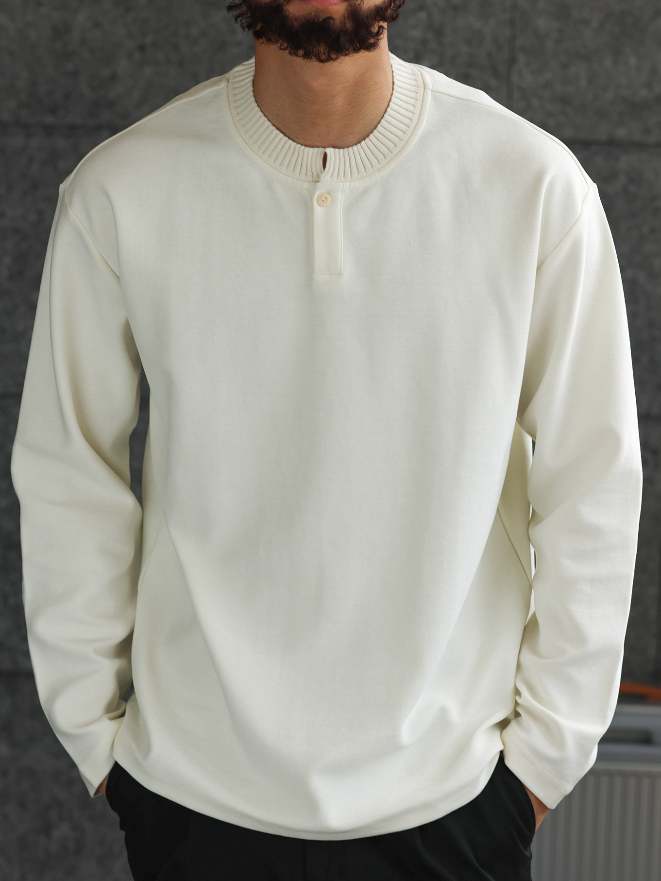 【紳士型格】針織亨利領緞紋肌理長袖T恤男士休閒打底衫