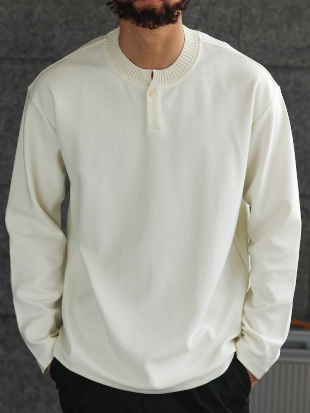 【紳士型格】針織亨利領緞紋肌理長袖T恤男士休閒打底衫